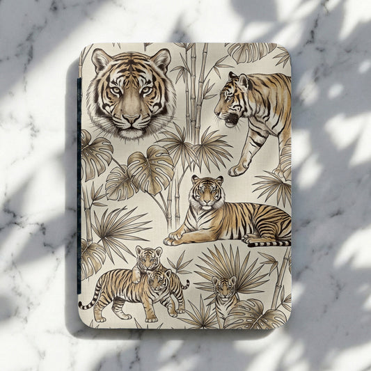 Tiger and foliage pattern on a cream background with a marble surface.
