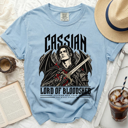 Light blue t-shirt with Cassian, Lord of Bloodshed graphic and text.