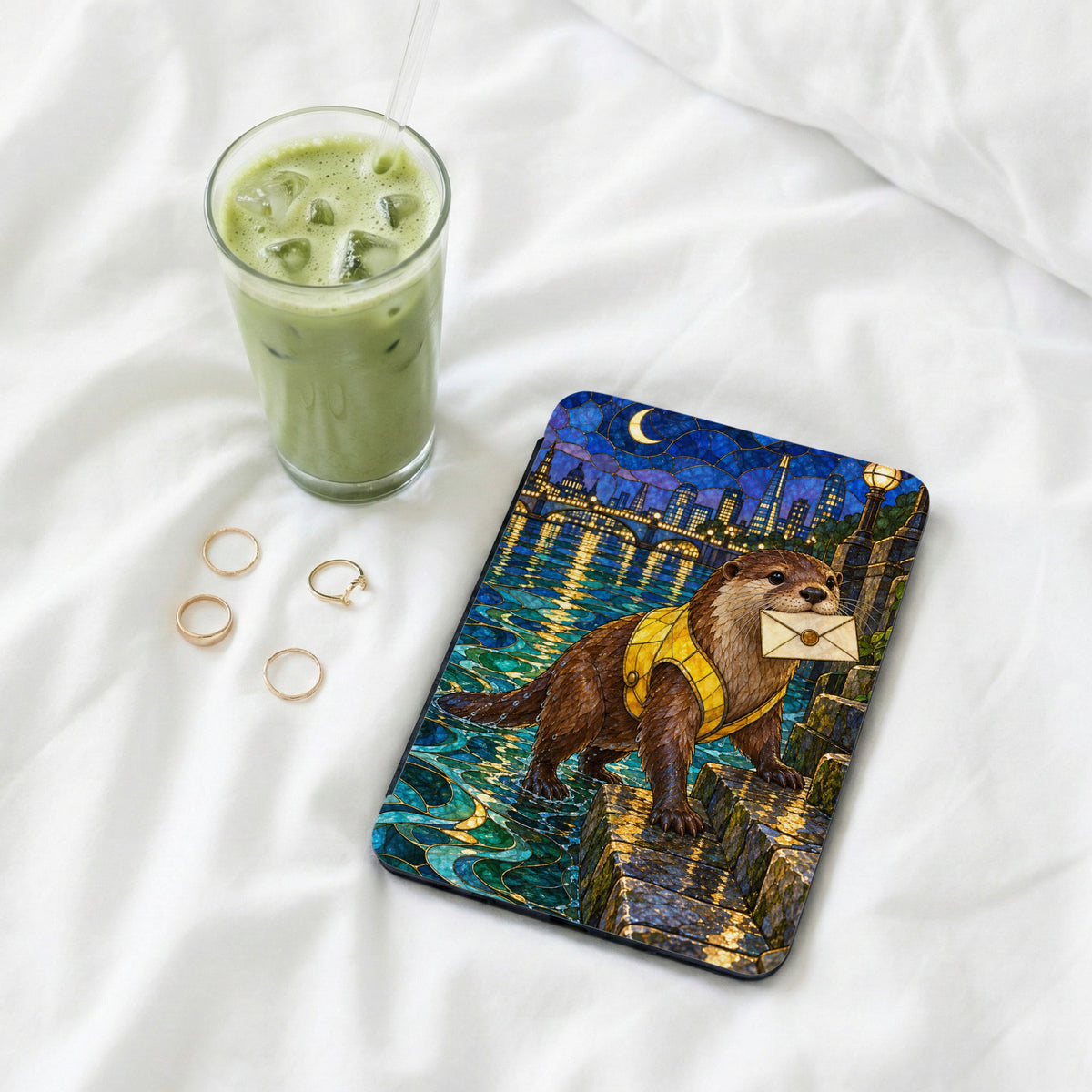 Otter carrying a letter across a starry city waterfront, on a phone case.