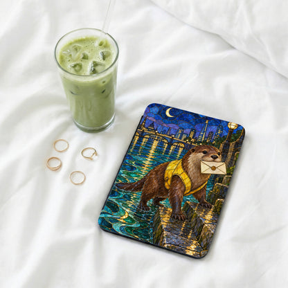 Otter carrying a letter across a starry city waterfront, on a phone case.