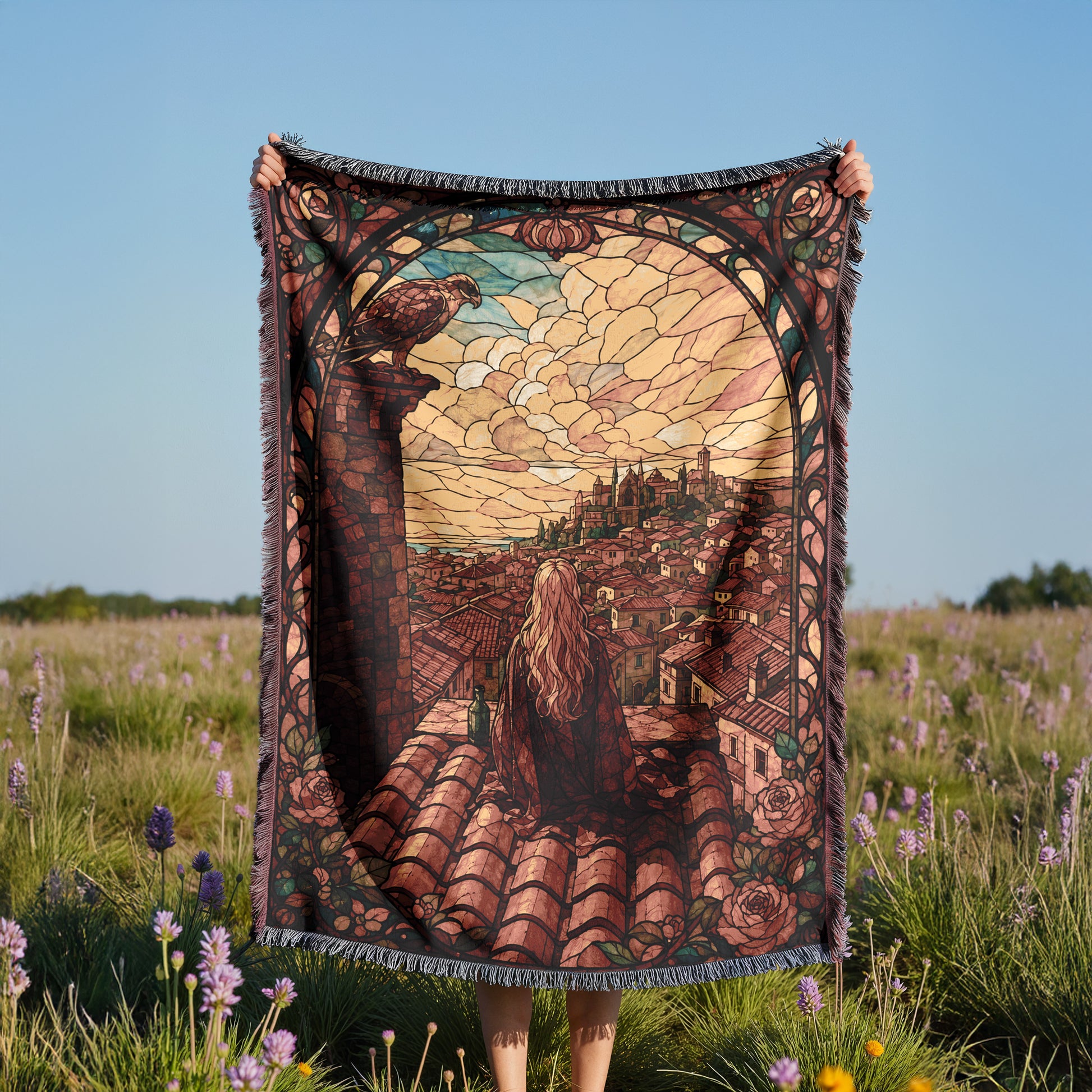 A person holds up a large, colorful tapestry depicting a woman sitting on a rooftop, overlooking a cityscape.