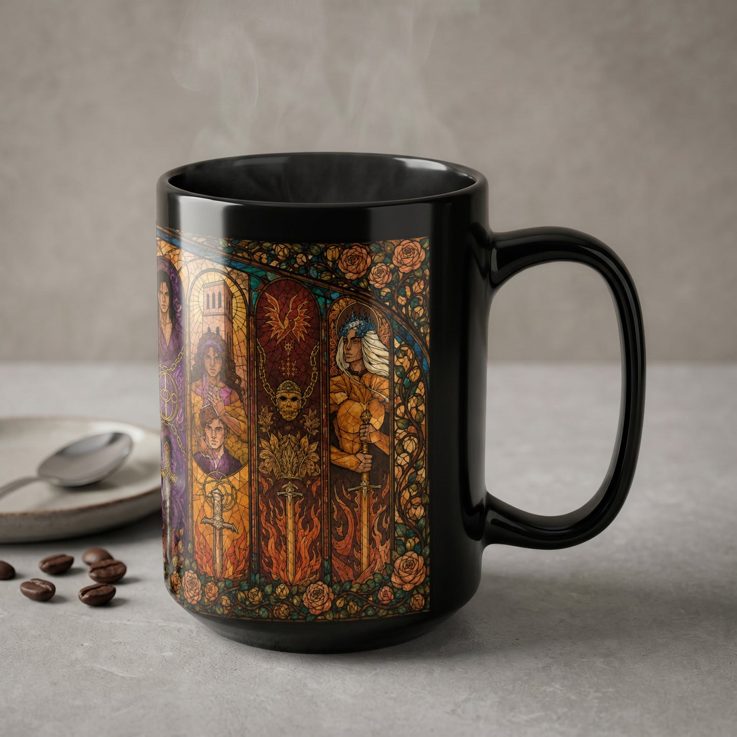 Black mug with stained glass design featuring people, swords, and roses.