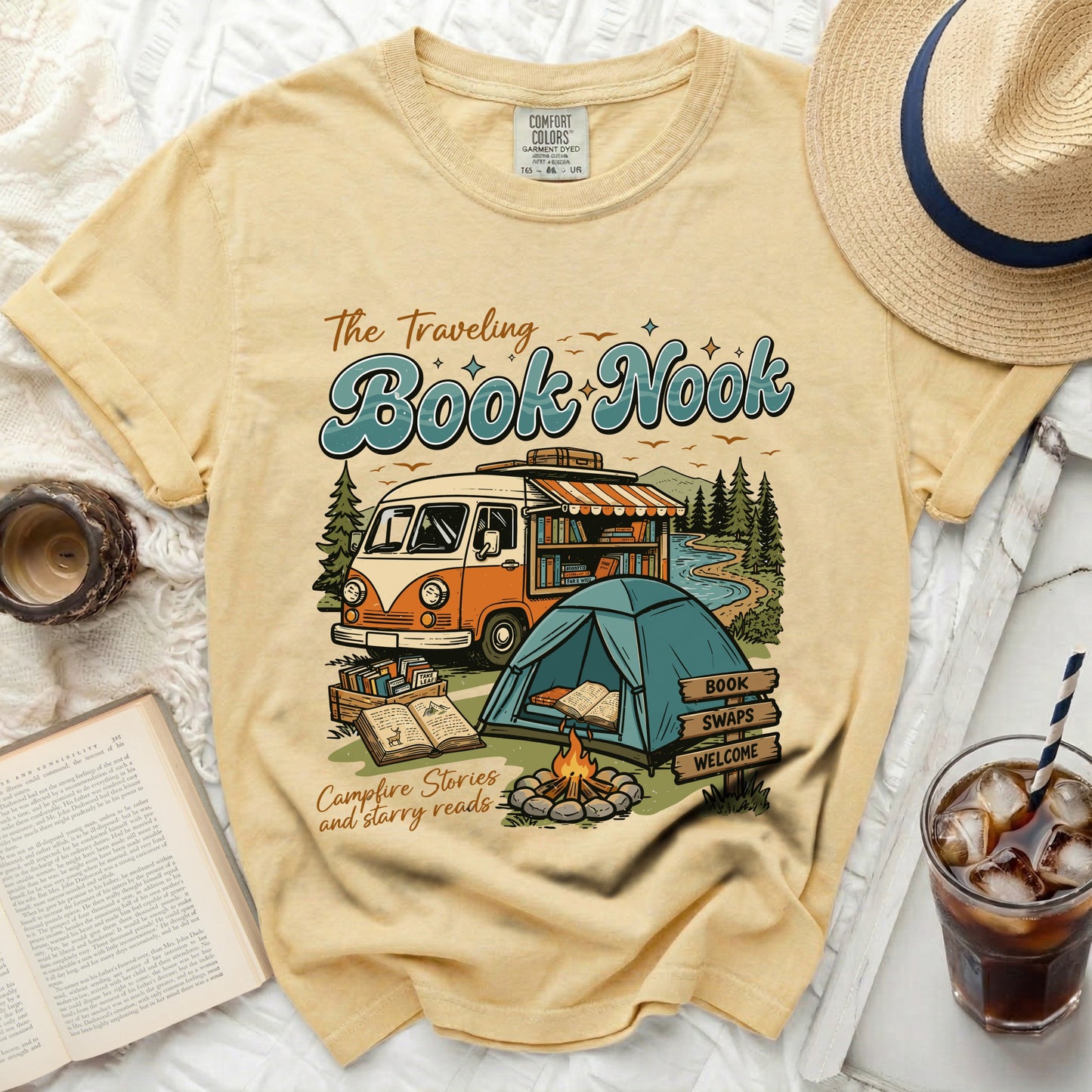 Traveling Book Nook graphic with van, tent, campfire, and books.