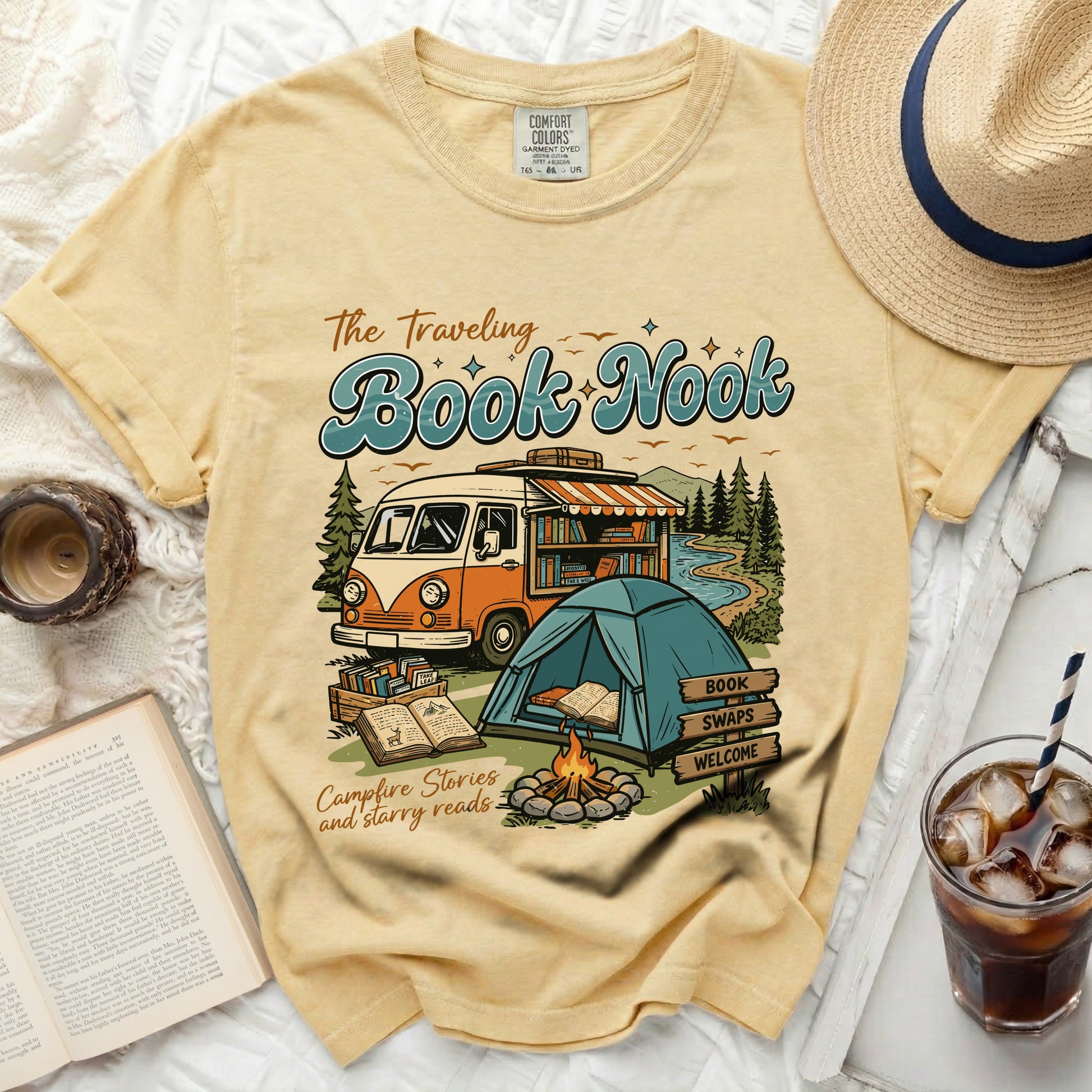 Traveling Book Nook graphic with van, tent, campfire, and books.