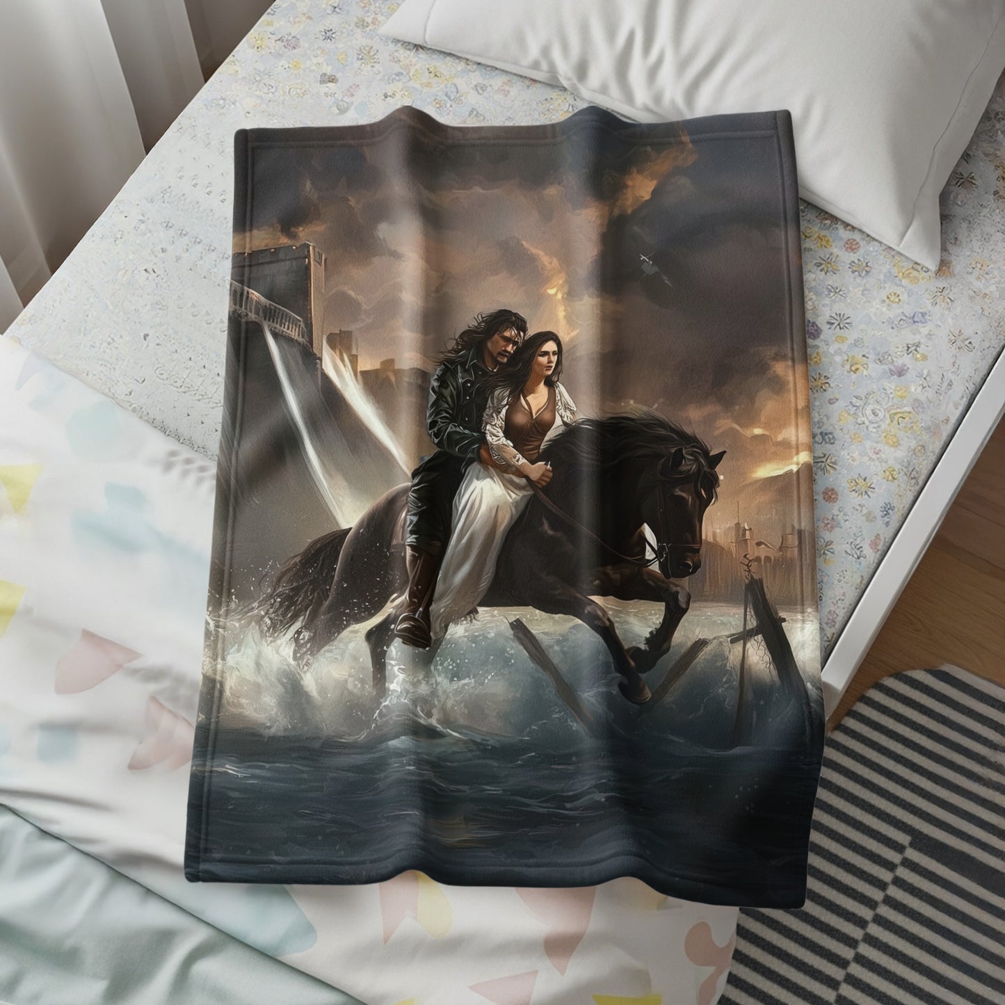 Epic Fantasy Couple Riding Black Horse Artwork Blanket
