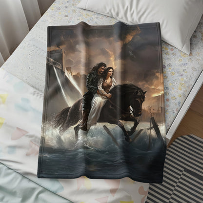 Epic Fantasy Couple Riding Black Horse Artwork Blanket