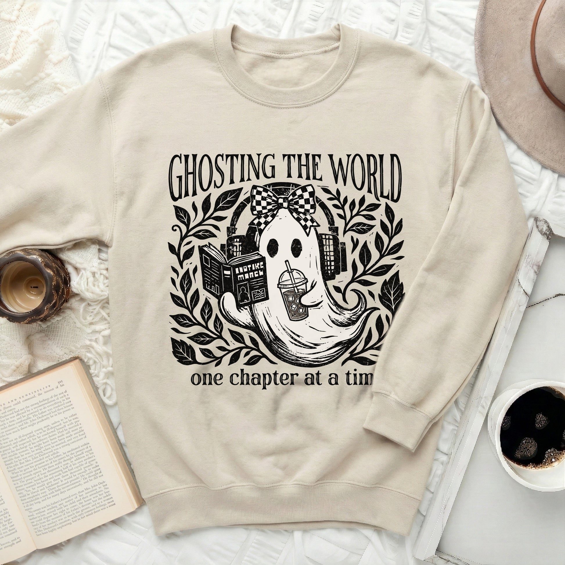 Ghosting the world one chapter at a time sweatshirt with ghost design.
