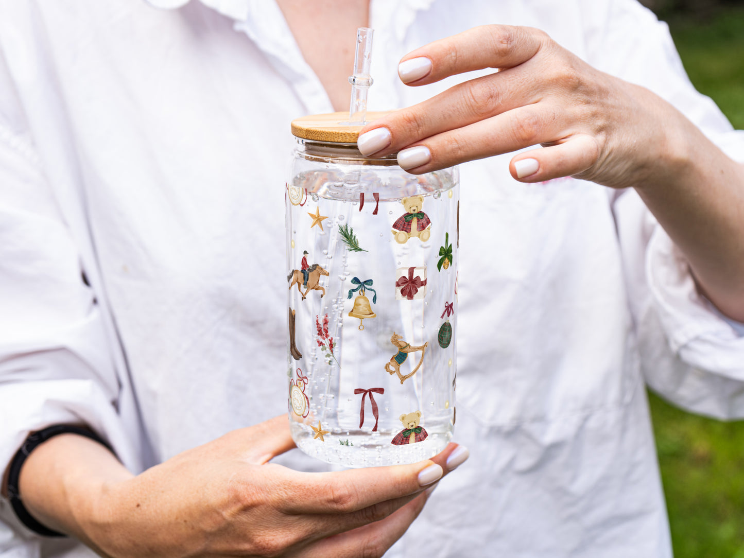 Festive Glass Tumbler with Straw and Lid for Drinks