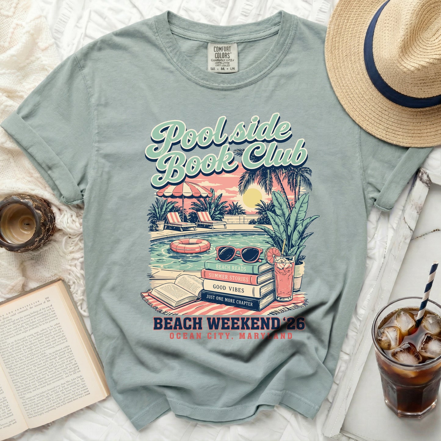 Light green t-shirt with "Poolside Book Club" graphic and beach reads text.