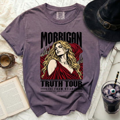 Purple t-shirt with Morrigan artwork and "Truth Tour" text.