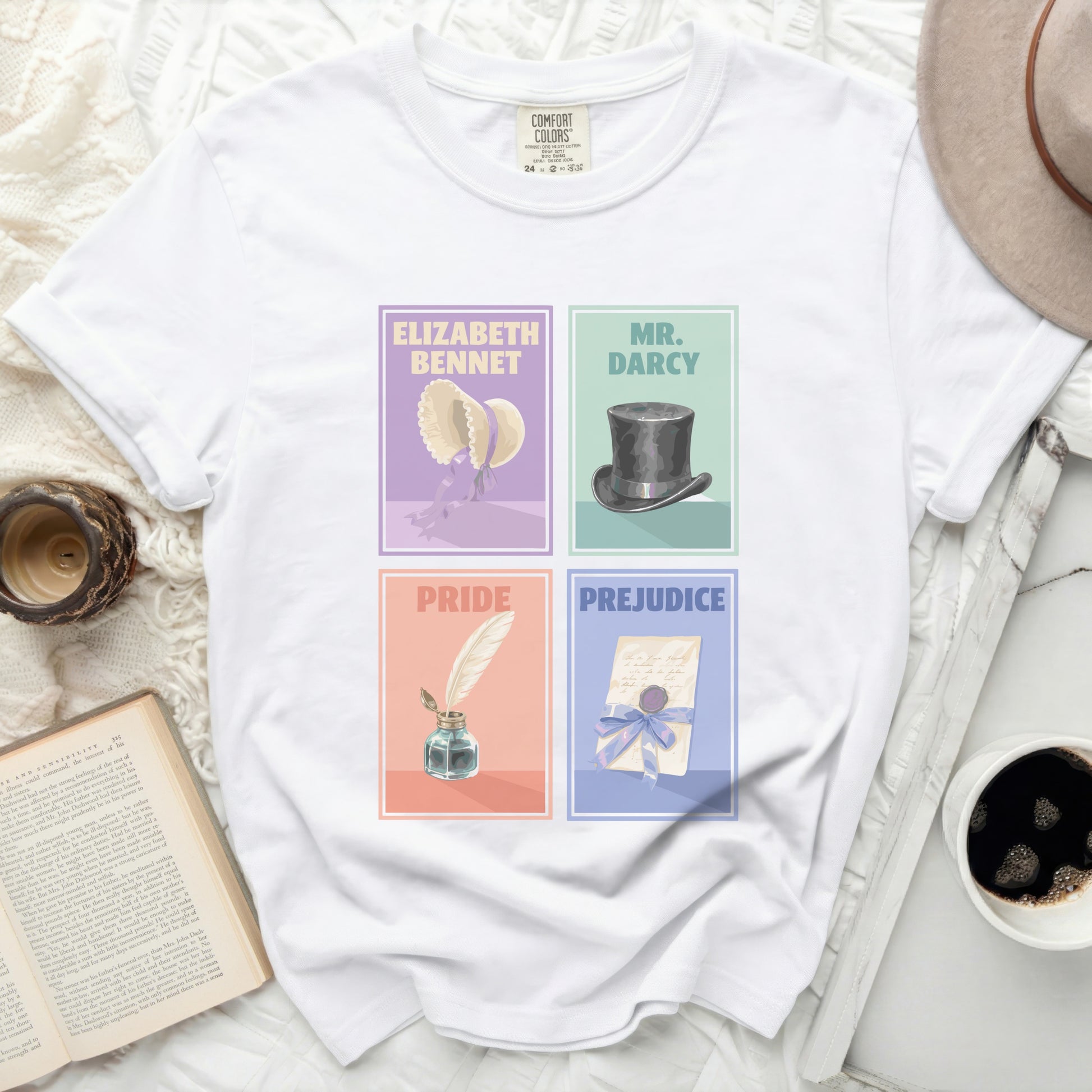 White t-shirt with Pride and Prejudice character art and book elements.