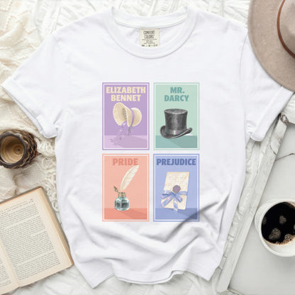 White t-shirt with Pride and Prejudice character art and book elements.