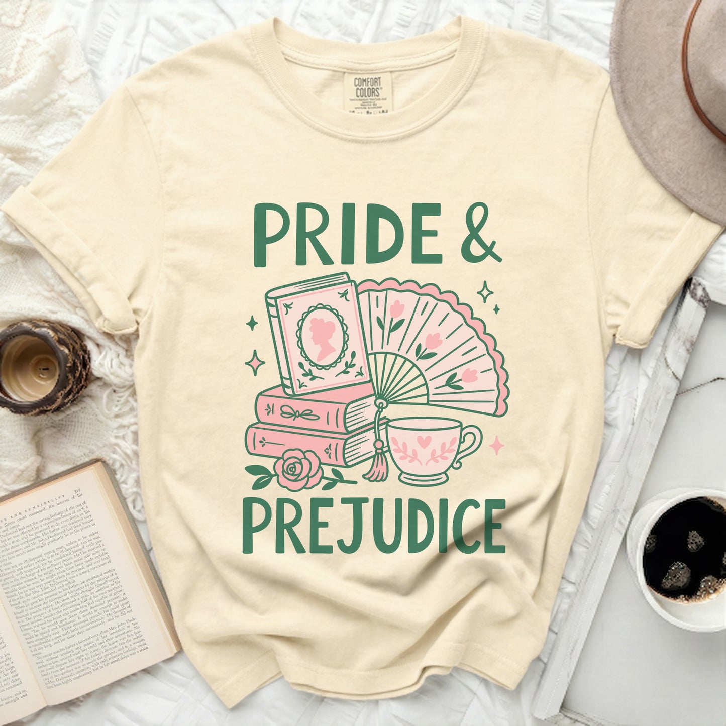 Cream t-shirt with "Pride & Prejudice" quote and book illustration.