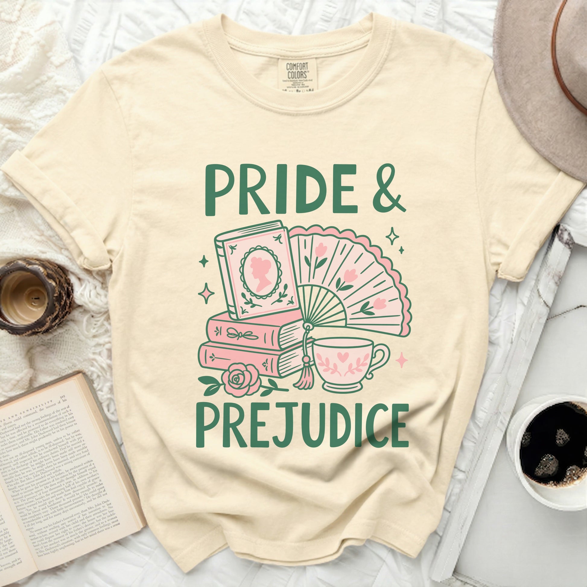 Cream t-shirt with "Pride & Prejudice" quote and book illustration.
