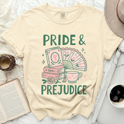 Cream t-shirt with "Pride & Prejudice" quote and book illustration.