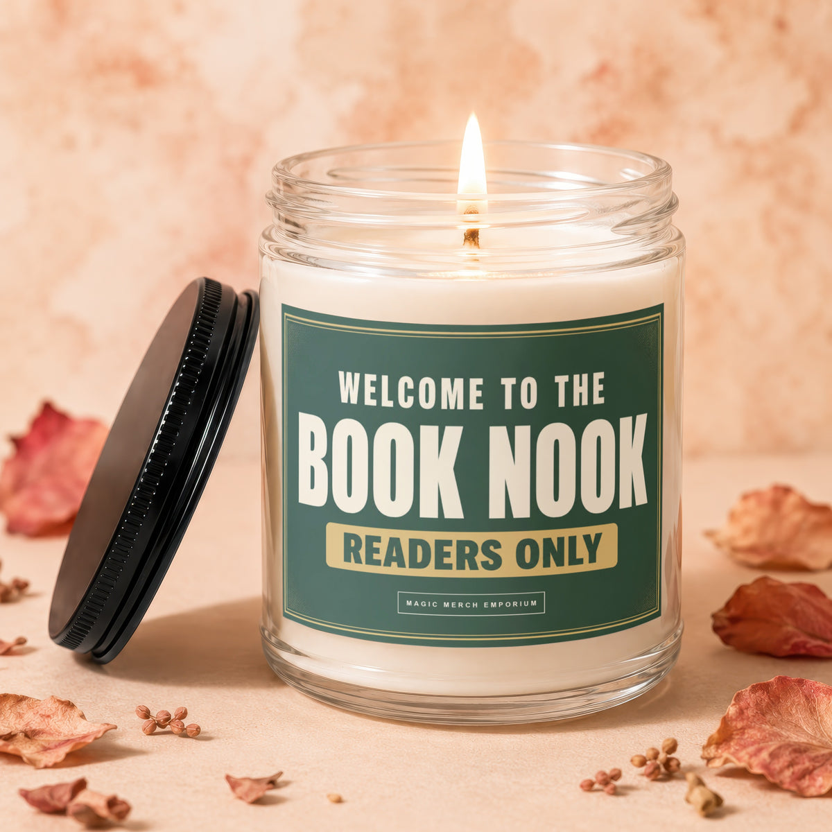 Lit candle in a jar with "Welcome to the Book Nook Readers Only" text.