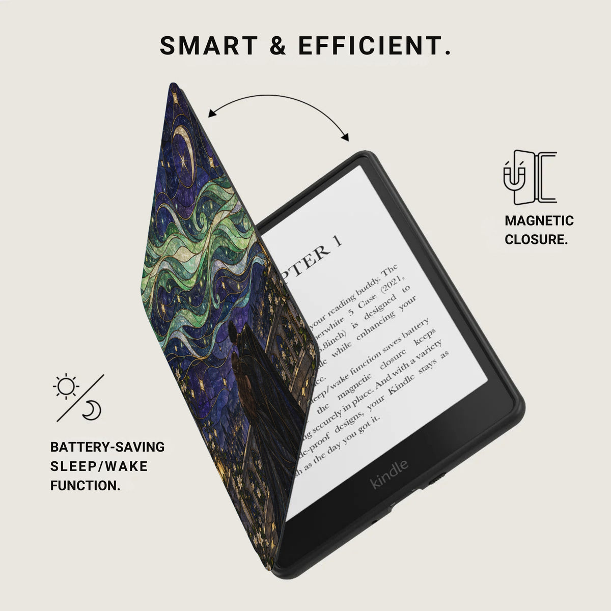 Kindle e-reader with a starry night case, featuring magnetic closure and battery-saving sleep/wake function.