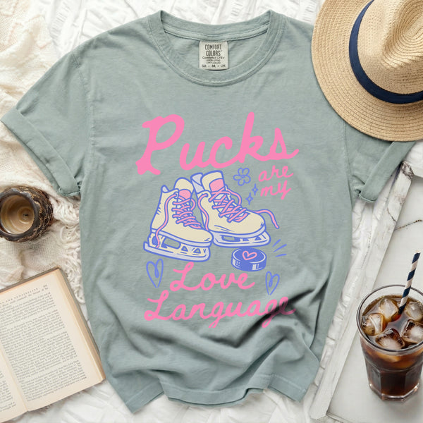 Pucks Are My Love Language Tee in Bay