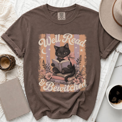 T-shirt with black cat reading books, text "Well Read & Bewitched".