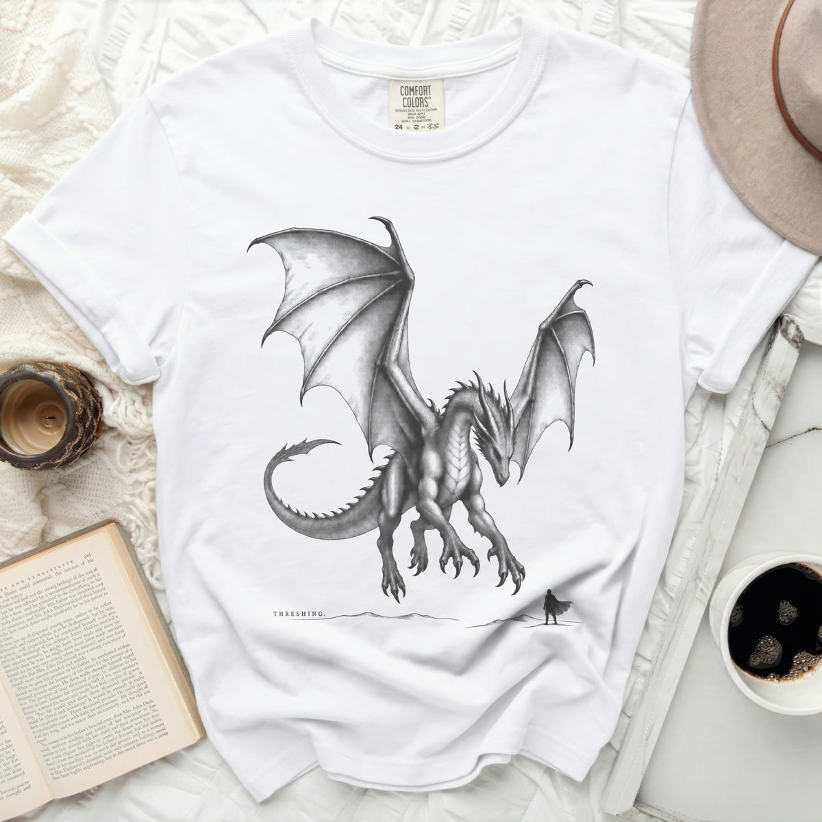 White t-shirt with a detailed dragon graphic and the word "THRESHING".