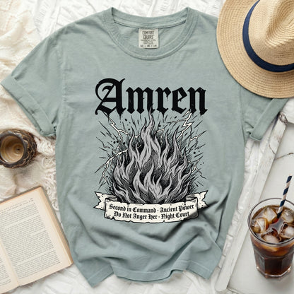 Green t-shirt with "Amren" and a flame graphic.