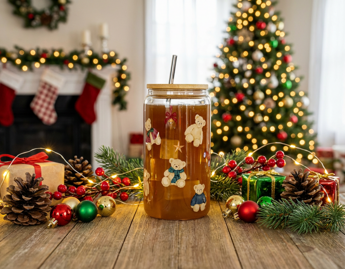 Christmas Themed Jar with Straw for the Holiday Season