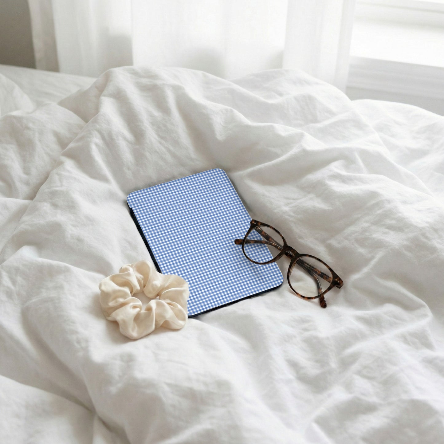 Blue Gingham Checkered Glasses Case for Daily Use