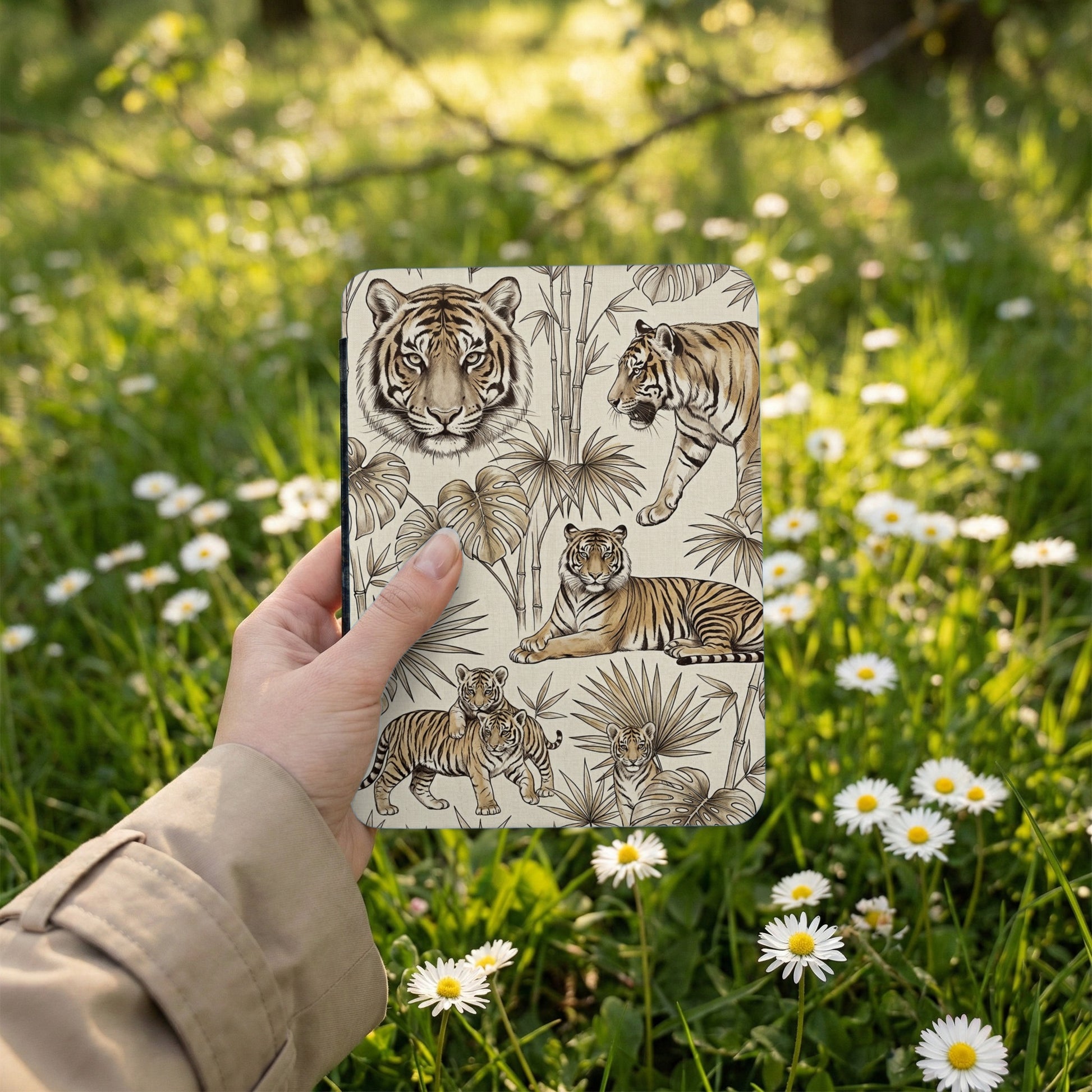 Journal with tiger and bamboo pattern held in hand, with grass and daisies background