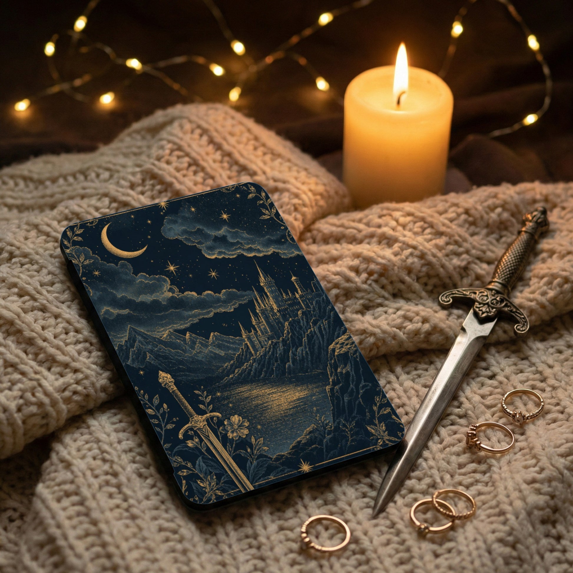 Dark tarot card with castle, moon, stars, sword, and rings on knit surface.