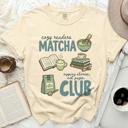 Cozy readers Matcha Club t-shirt with illustrations of books, matcha, and coffee.