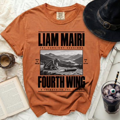 Orange t-shirt with "LIAM MAIRI FOURTH WING" and dragon graphic.