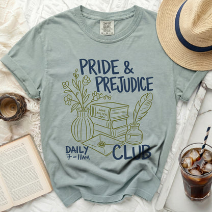 Pride & Prejudice Daily Club t-shirt with Jane Austen books and quill.