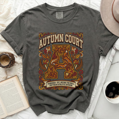 Dark grey t-shirt with "Autumn Court" in decorative lettering and text.