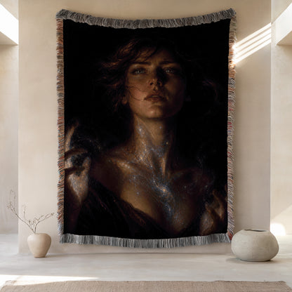 a large tapestry hanging on a wall, depicting a woman with a pensive expression. The tapestry is framed by a decorative border and is placed between two small vases, one on each side. The overall scene has a serene and contemplative atmosphere.