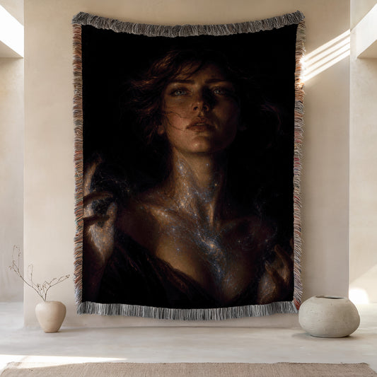 a large tapestry hanging on a wall, depicting a woman with a pensive expression. The tapestry is framed by a decorative border and is placed between two small vases, one on each side. The overall scene has a serene and contemplative atmosphere.