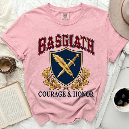 Pink Comfort Colors t-shirt with "BASGIATH COURAGE & HONOR" shield graphic.