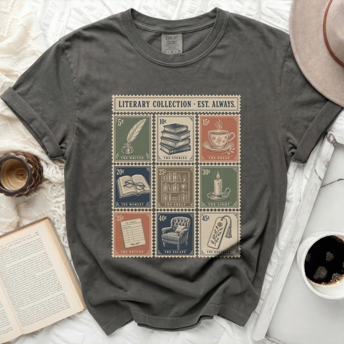 T-shirt with literary collection stamps and text.
