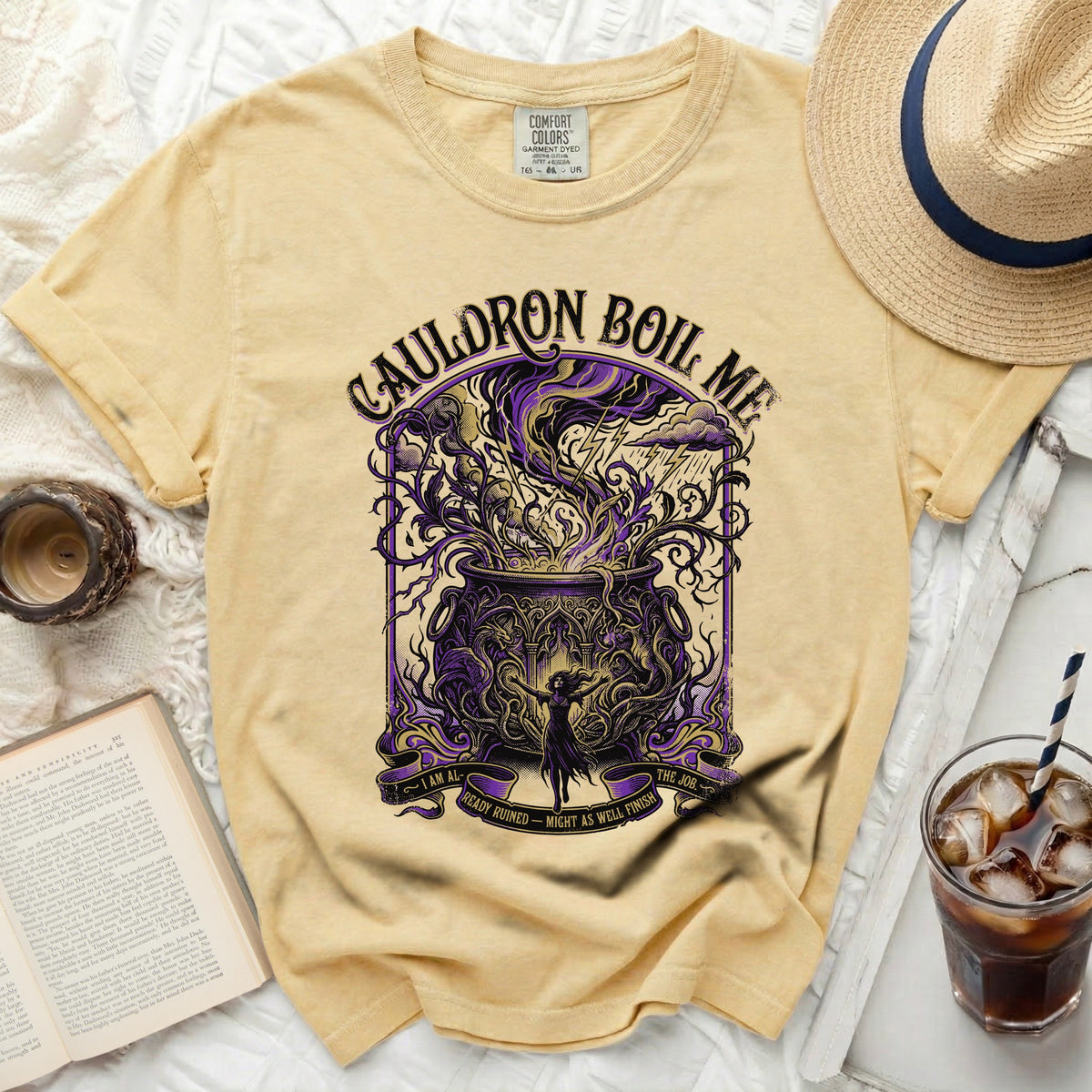 Yellow t-shirt with "Cauldron Boil Me" and witch graphic.