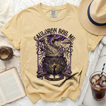 Yellow t-shirt with "Cauldron Boil Me" and witch graphic.
