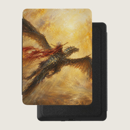 Dragon rider with red cloak flies on a dragon, abstract gold background.