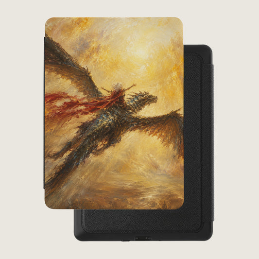 Dragon rider with red cloak flies on a dragon, abstract gold background.