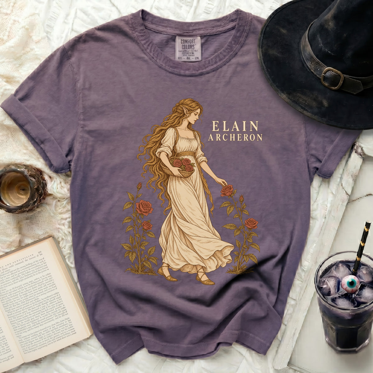 Purple t-shirt with illustration of Elain Archeron holding a rose basket, with text.