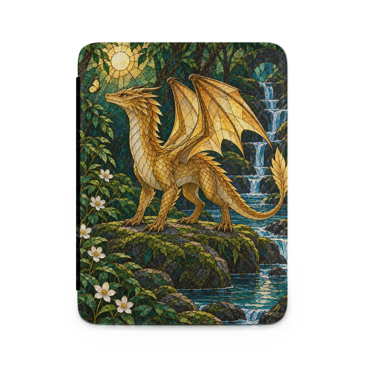 Golden dragon stands by waterfall in stained glass forest scene with butterfly.