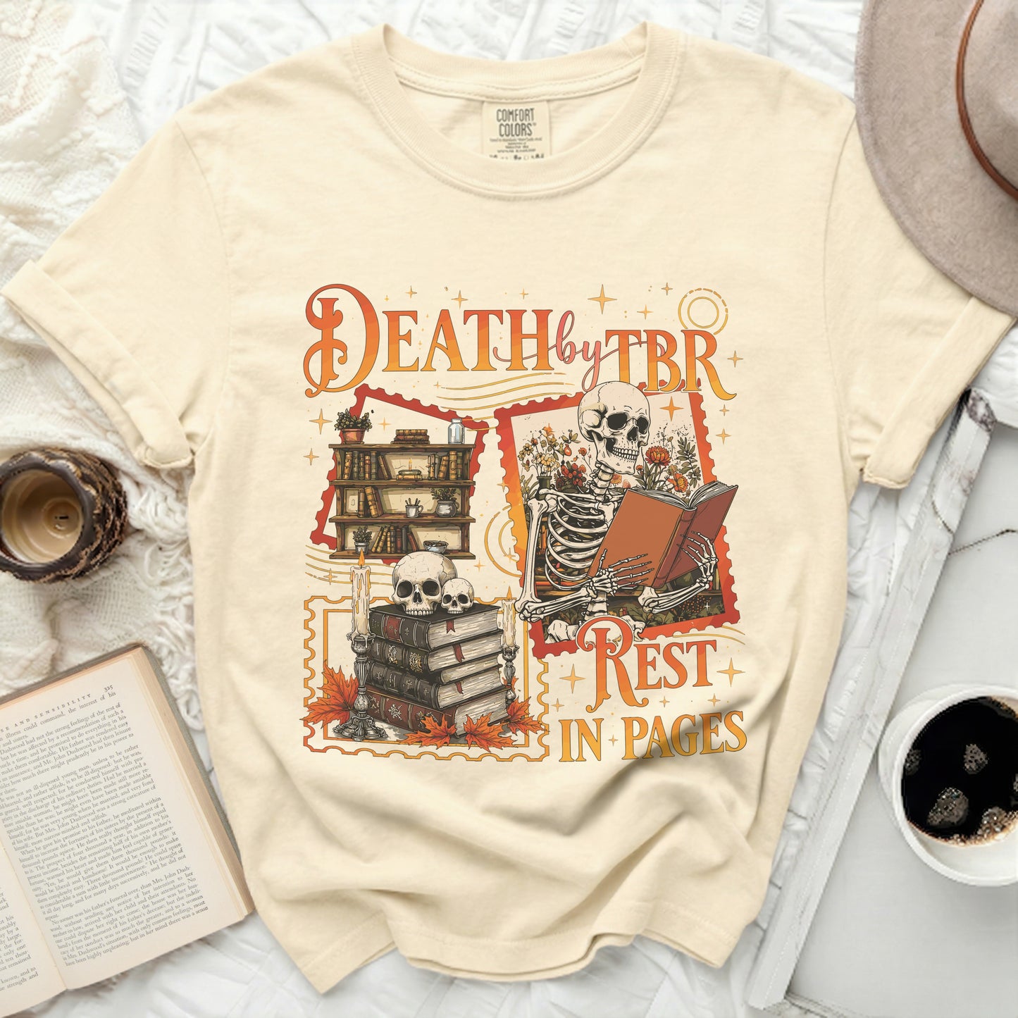 Cream t-shirt with "Death by TBR Rest in Pages" skeleton graphic.