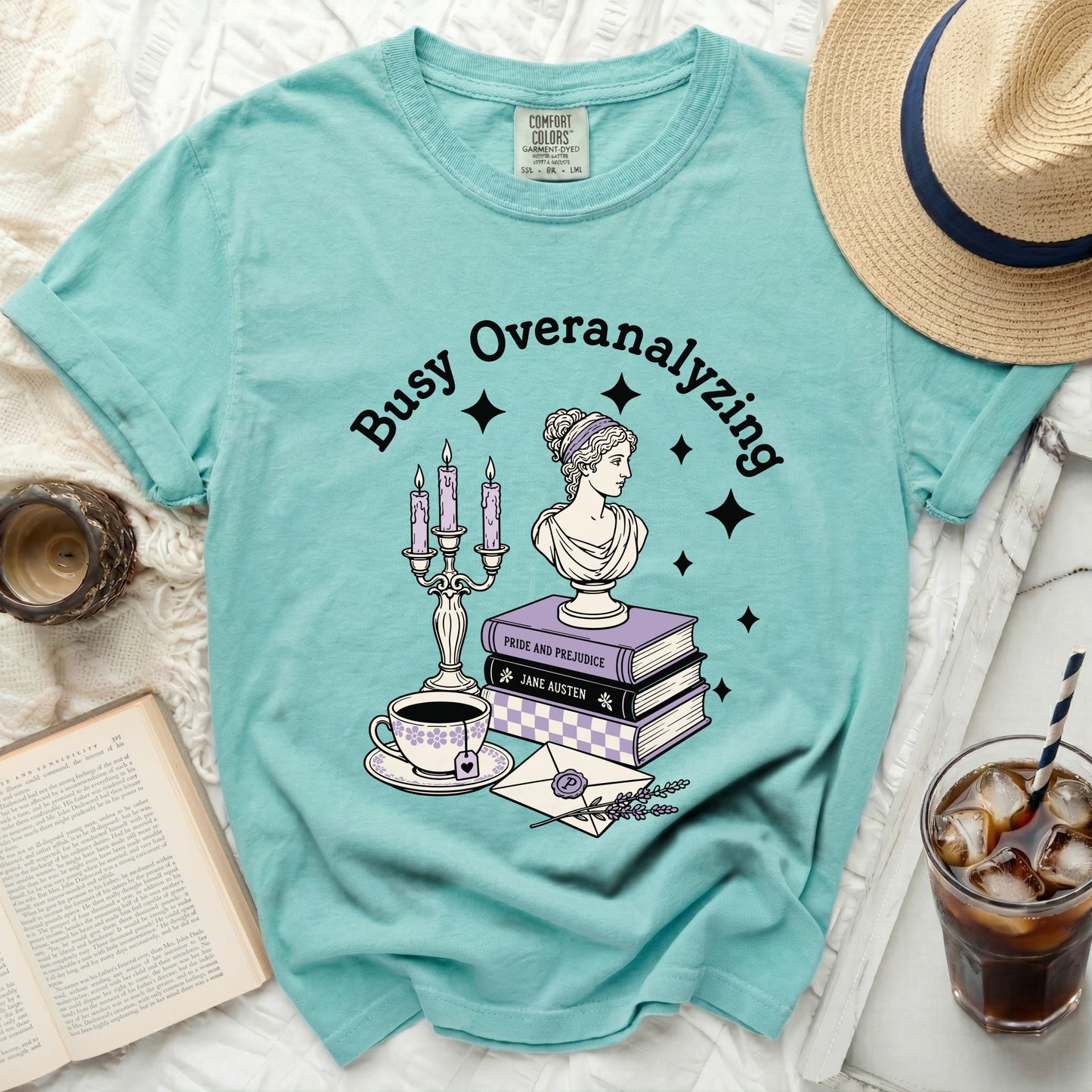 Teal t-shirt with "Busy Overanalyzing" and illustration of classical bust.