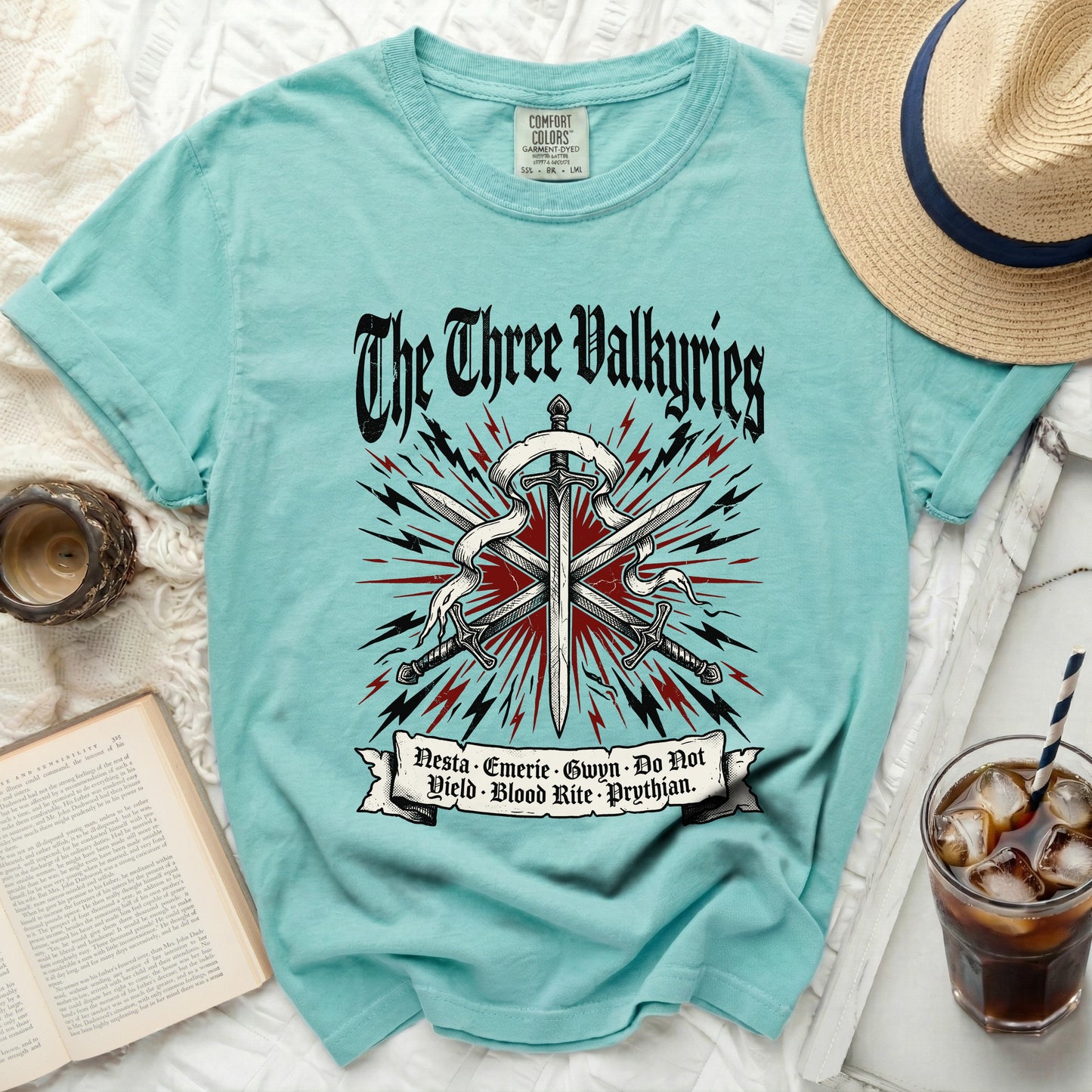 The Three Valkyries t-shirt with swords and banner text.