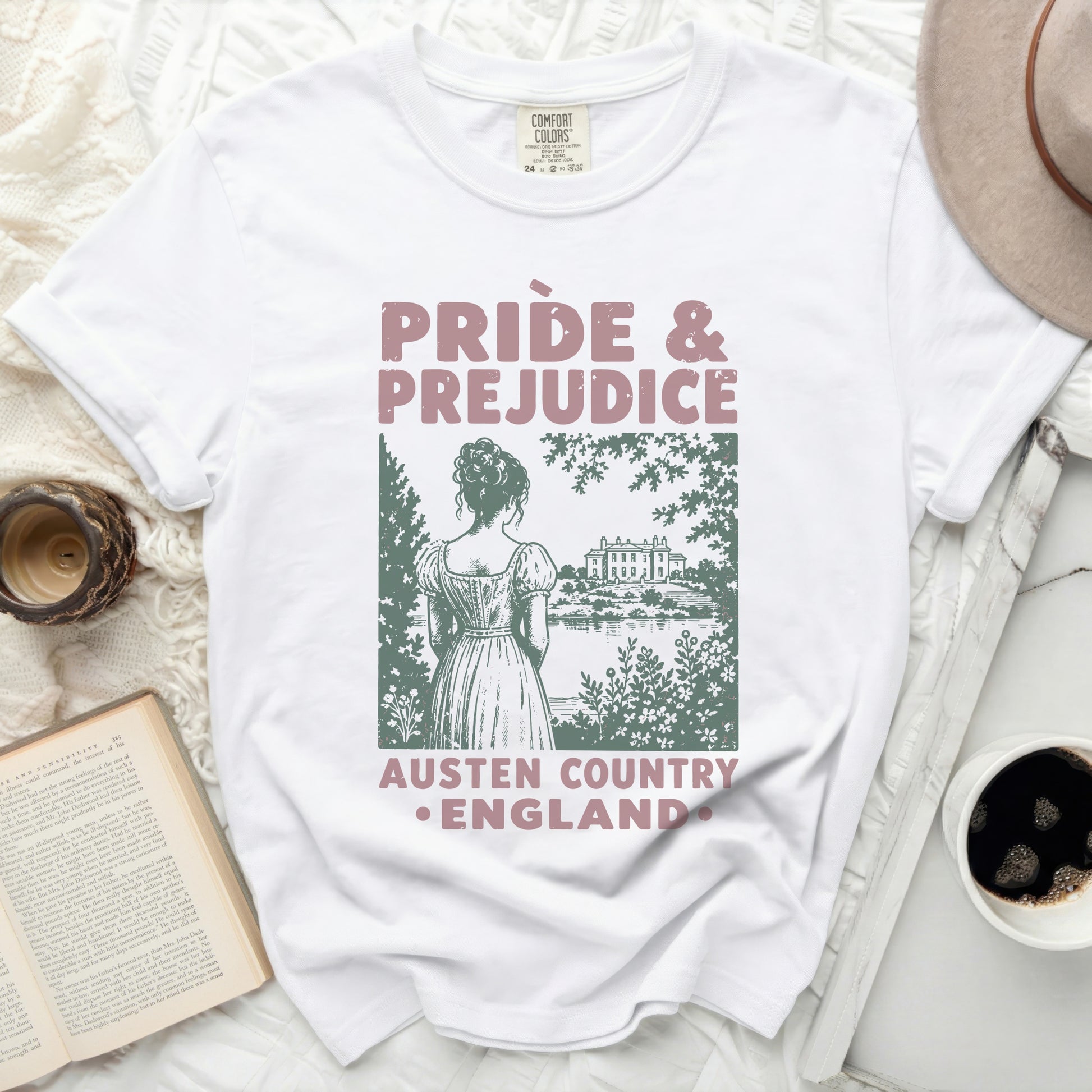 White t-shirt with "Pride & Prejudice Austen Country England" print.