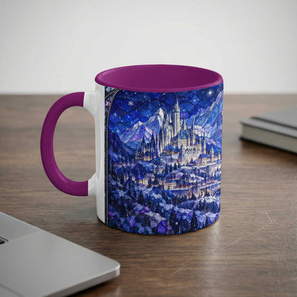 A white coffee mug with a purple handle and rim, featuring a blue winter castle illustration.