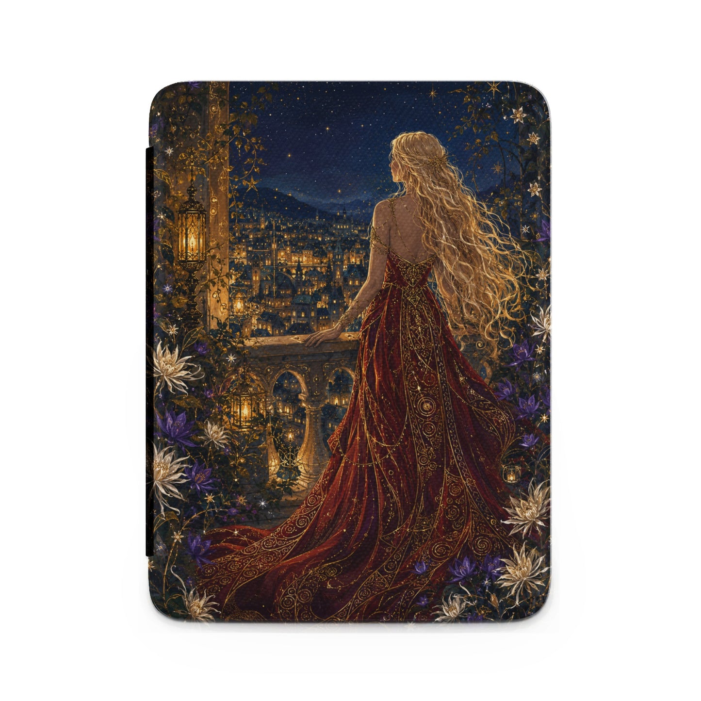 Woman in ornate red dress on balcony overlooking a starry night city with lanterns.
