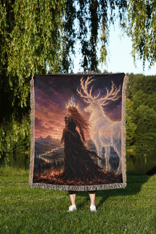 A person is holding a large tapestry or blanket with a painting of a woman and a deer on it, standing in a grassy area with trees in the background.
